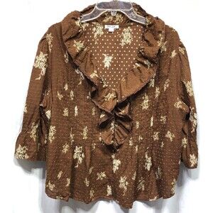 Ultra Pink Top Blouse XL Brown Floral Ruffles V-Neck 3/4 Sleeve Boho Cottage